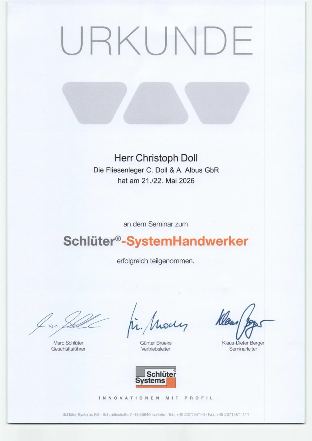 Schlüter®-SystemHandwerker Urkunde – Die Fliesenleger C. Doll & A. Albus GbR Ingelheim