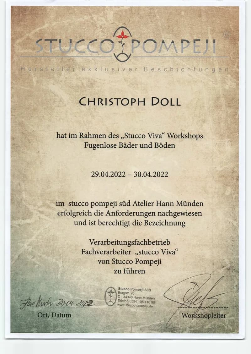 Stucco Pompeji Zertifikat Christoph Doll – Die Fliesenleger Ingelheim